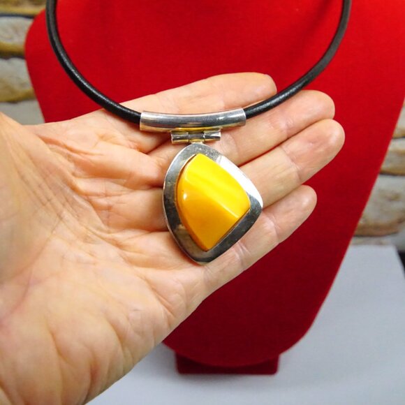 Baltic Amber and 925 Silver Black Leather Cord Modernist Necklace 18" - Her Gift - Picture 1 of 14
